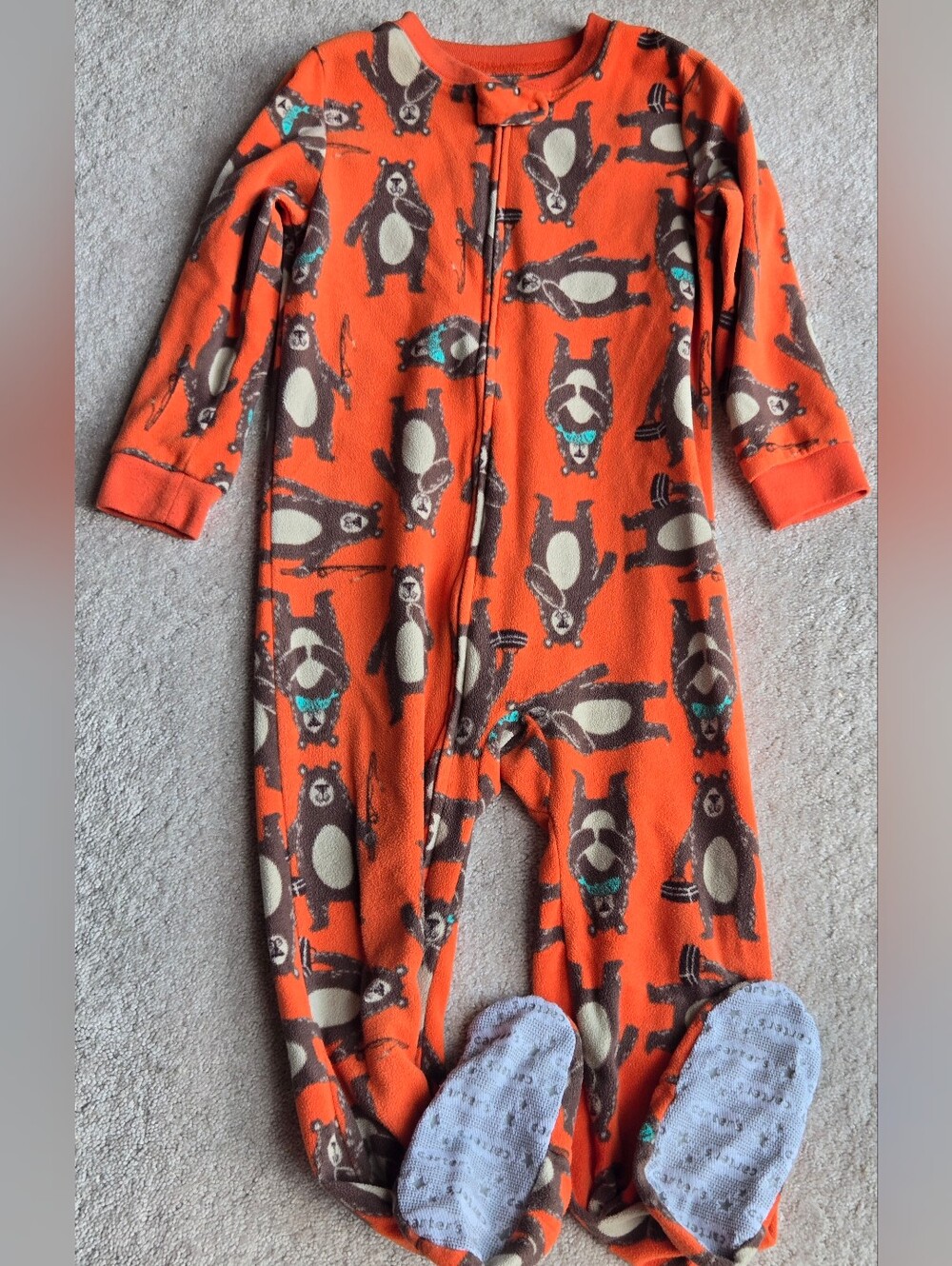 Carter's Orange Bear Print Fleece Footed One-Piece